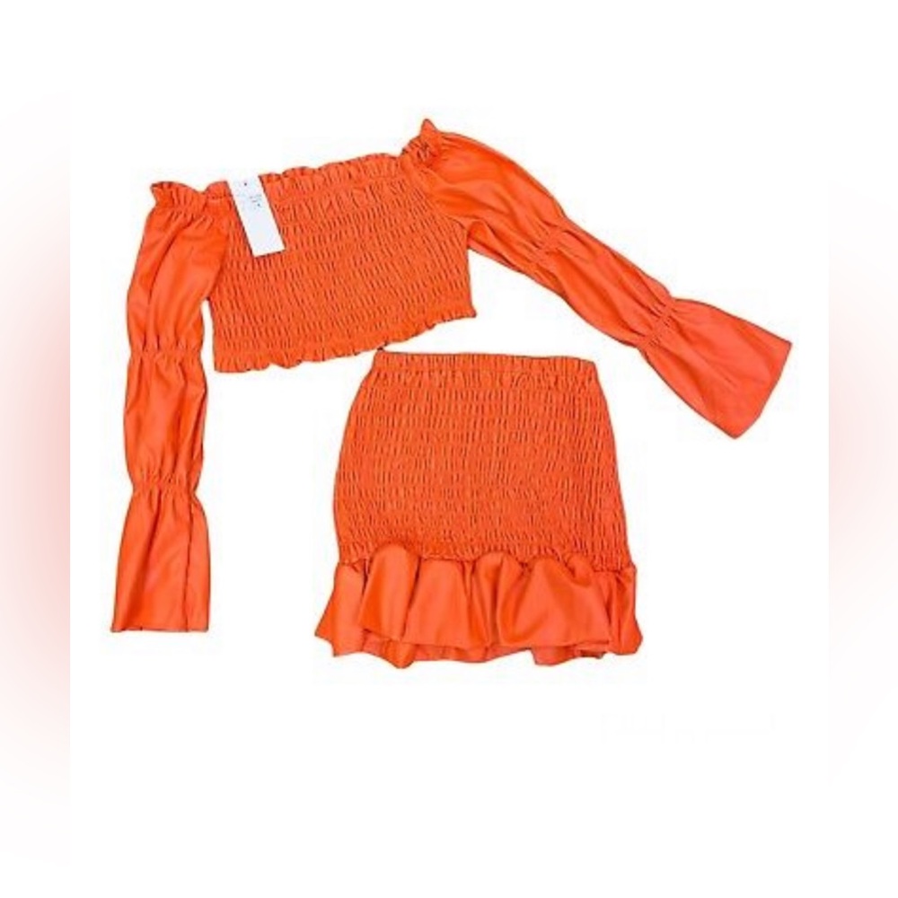 Orange Faux Leather Skirt Set
